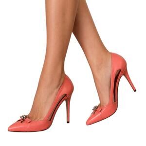 Dolce & Gabbana coral pink pointed jeweled kitten heel pumps size 37.5 authentic